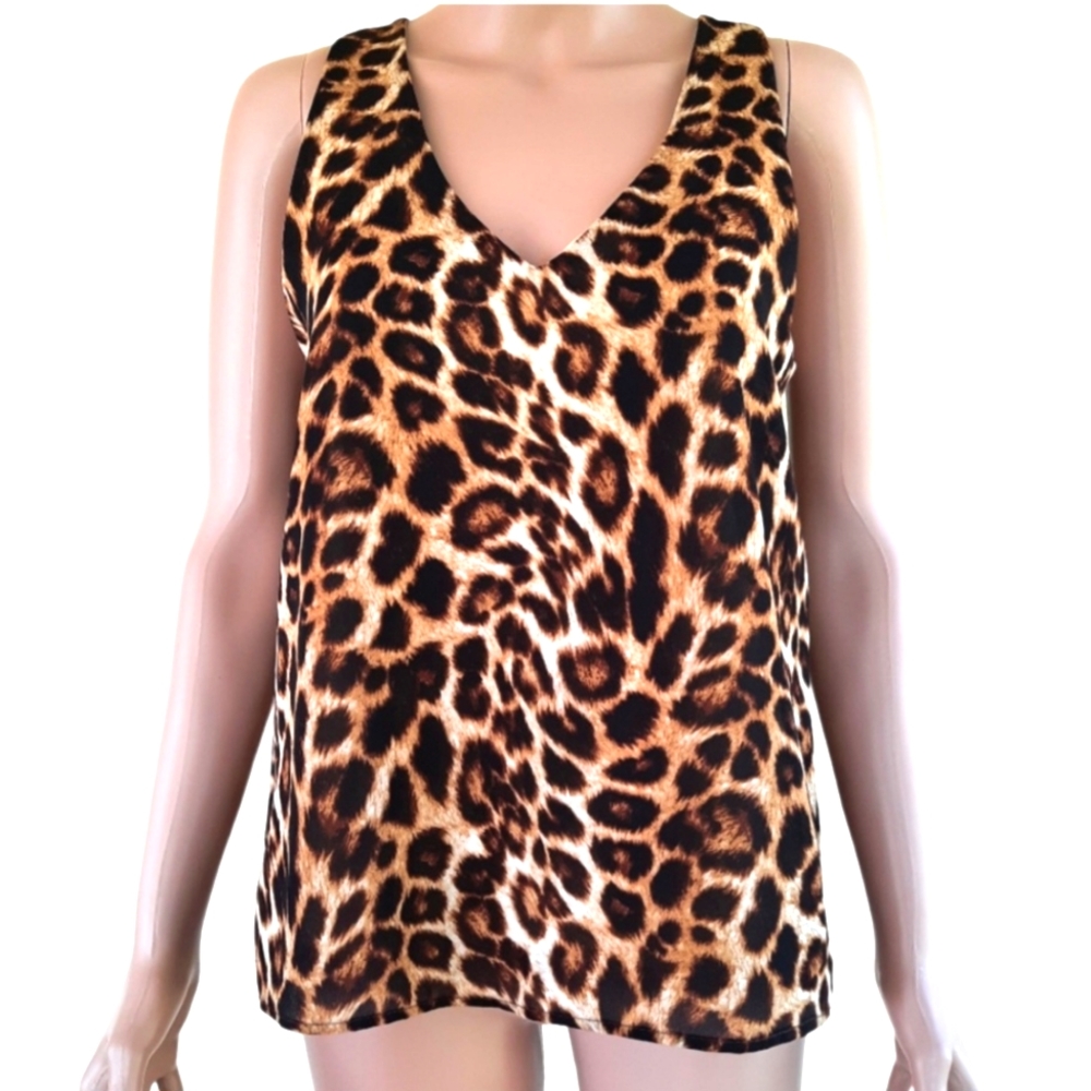 Everly Chiffon Cheetah Print Womens Tank Top High Low Hem Pleated Back Neck SZ S